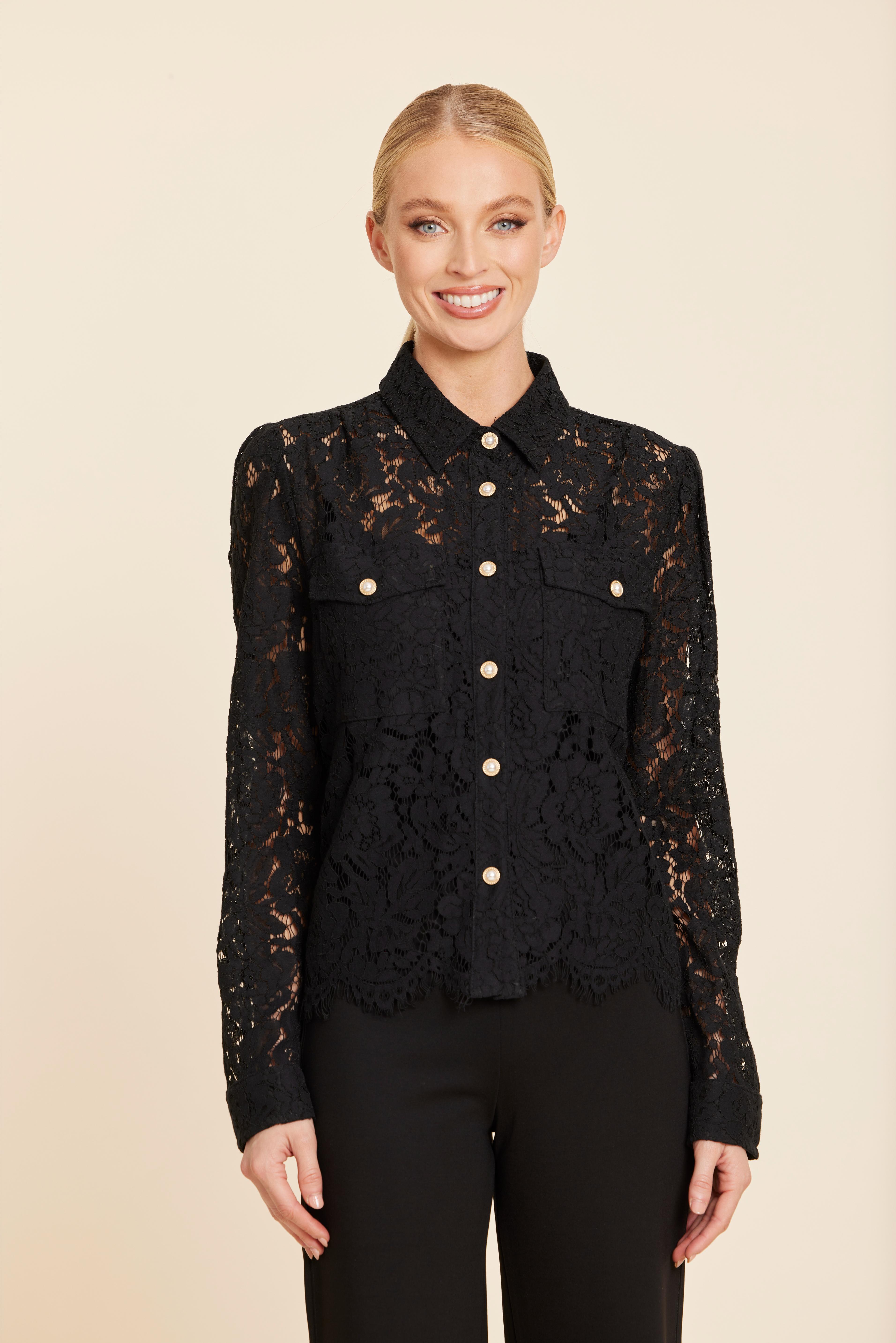 Floral Lace Pearl Button Longsleeve Blouse