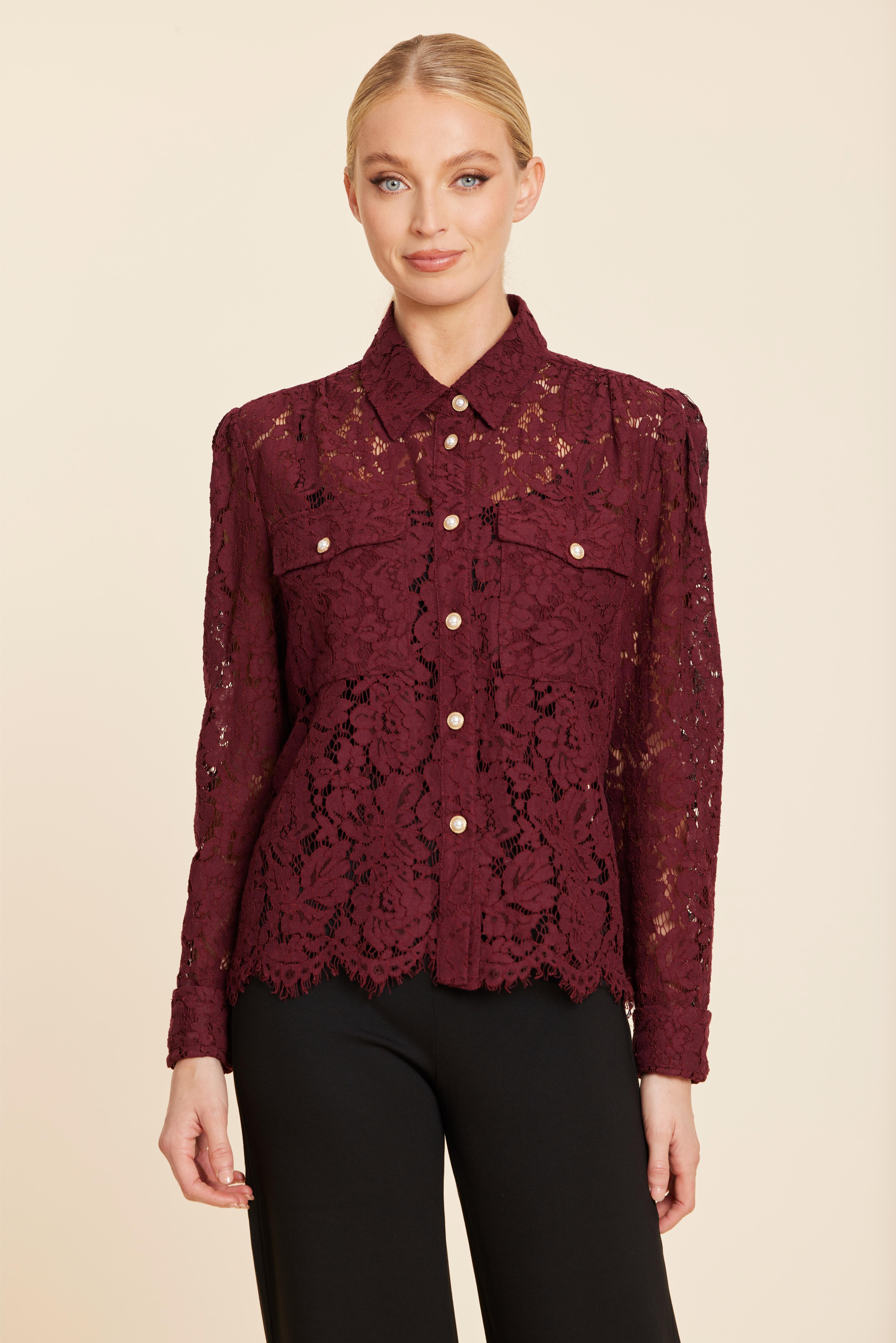 Floral Lace Pearl Button Longsleeve Blouse