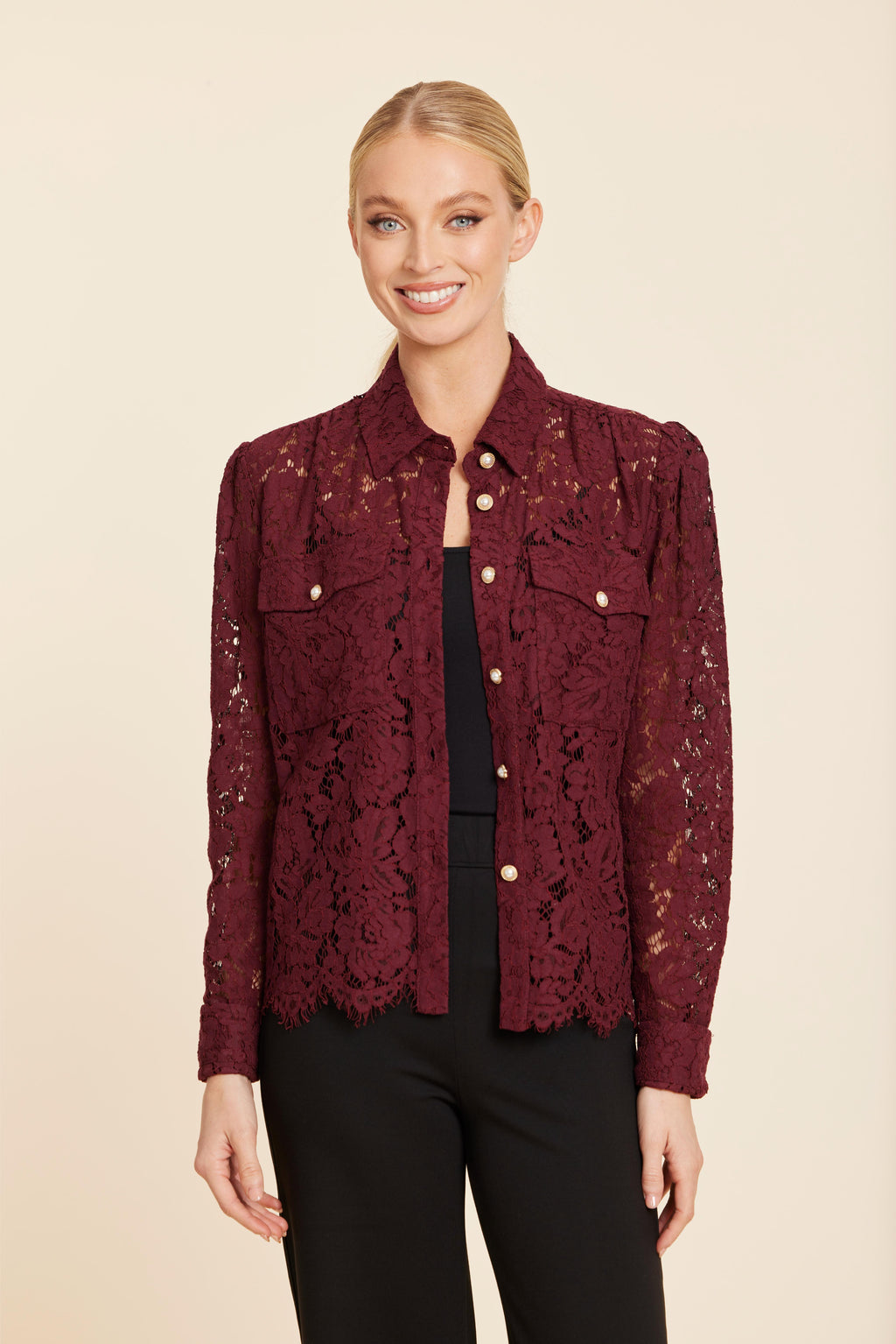 Floral Lace Pearl Button Longsleeve Blouse