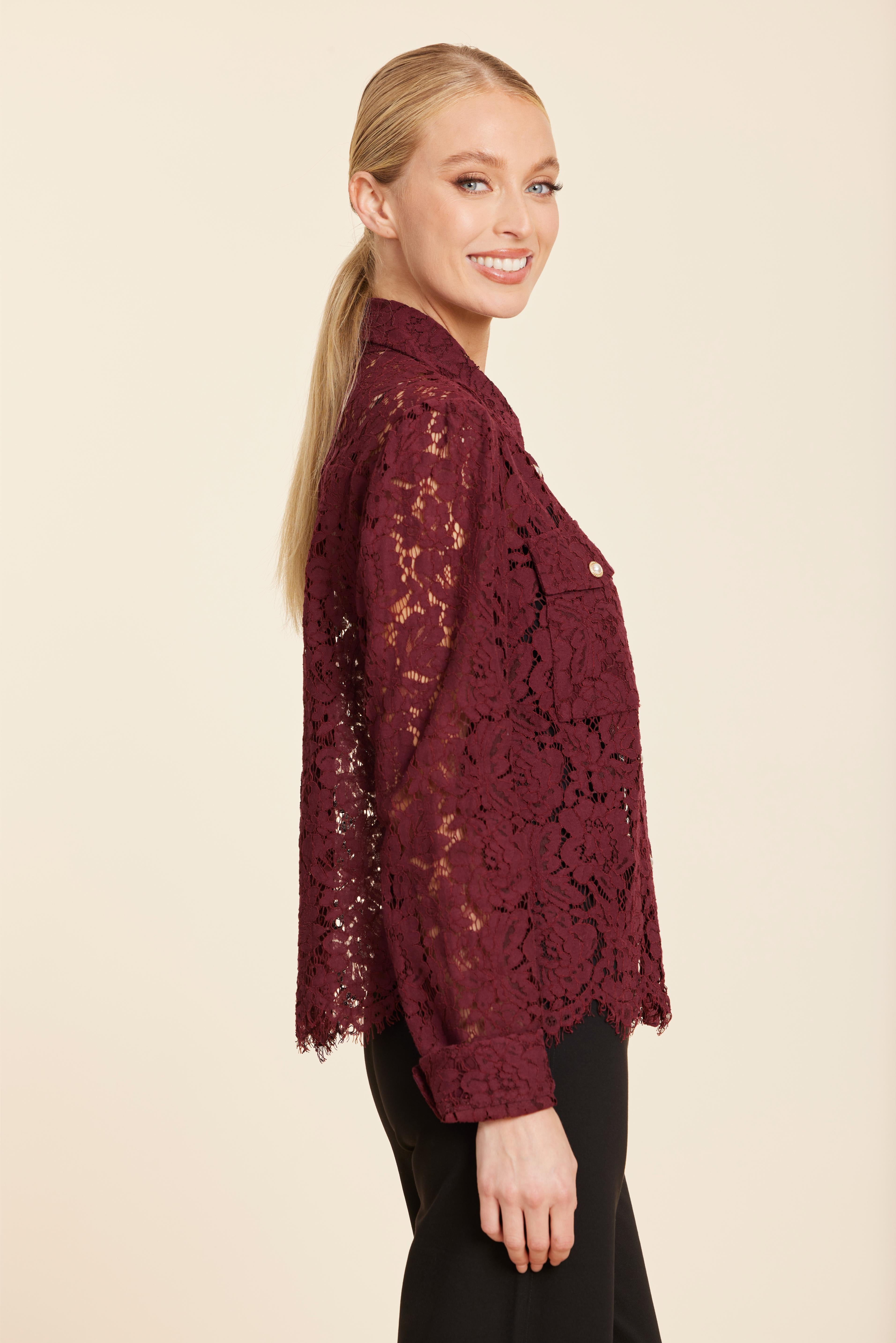 Floral Lace Pearl Button Longsleeve Blouse