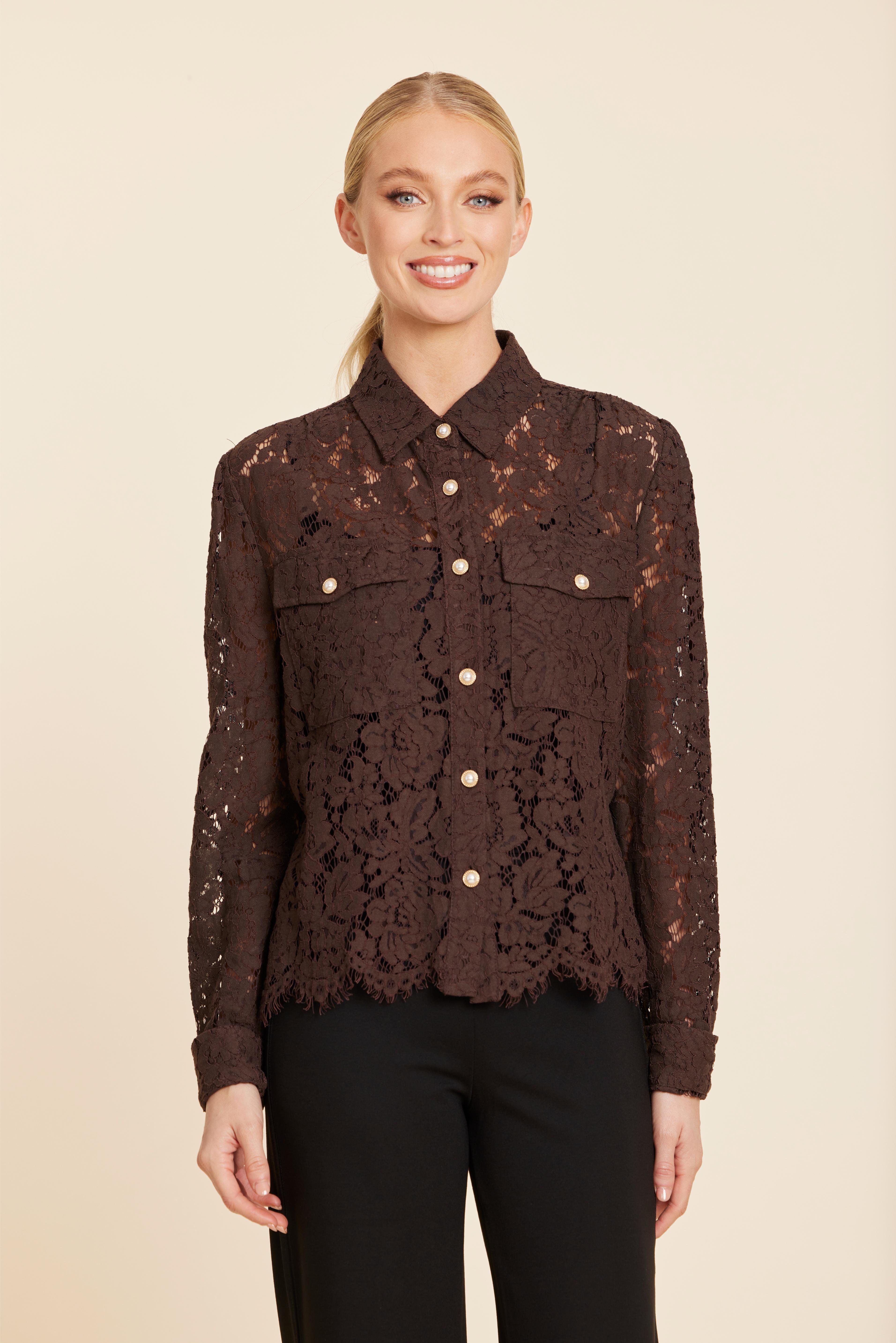 Floral Lace Pearl Button Longsleeve Blouse