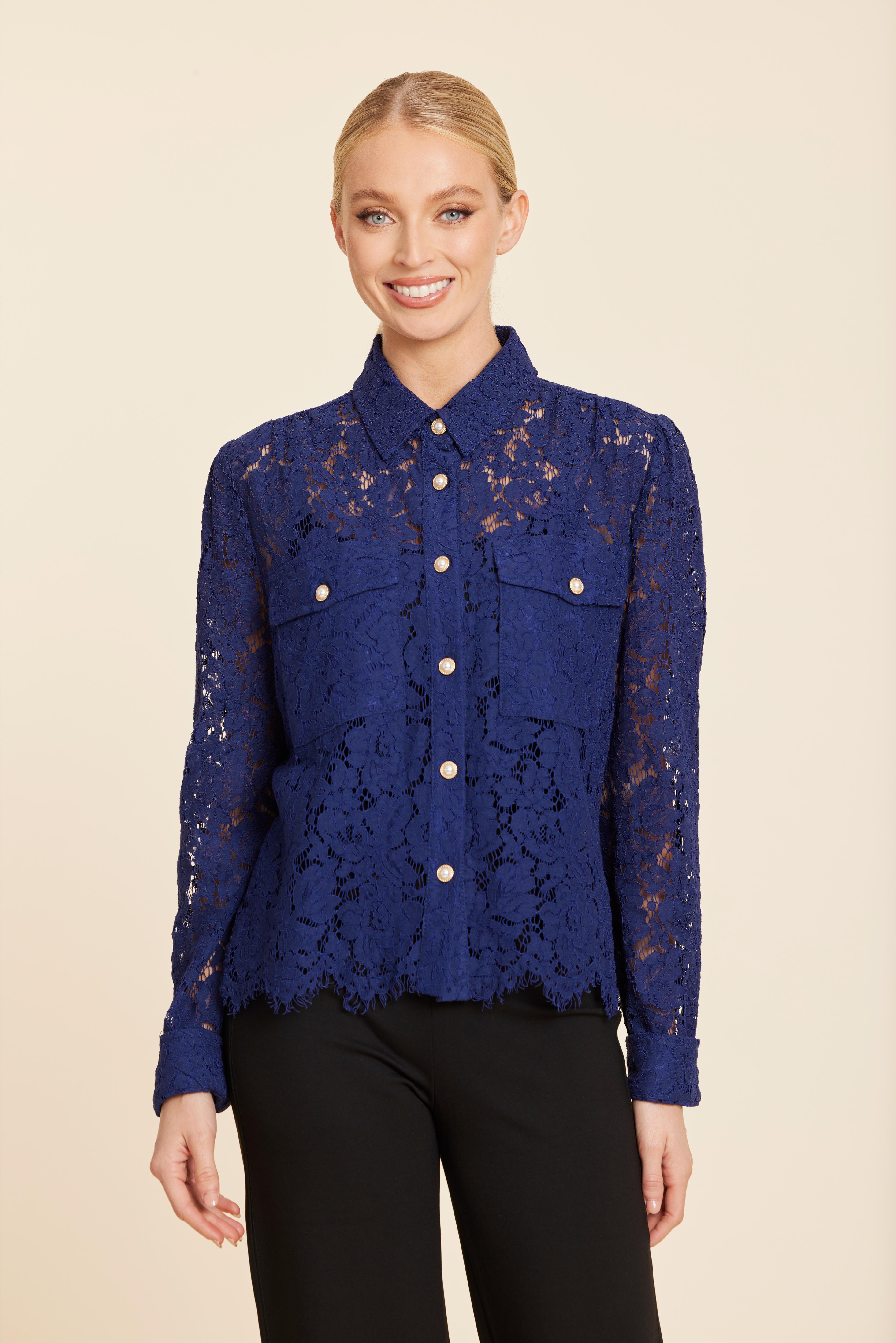Floral Lace Pearl Button Longsleeve Blouse
