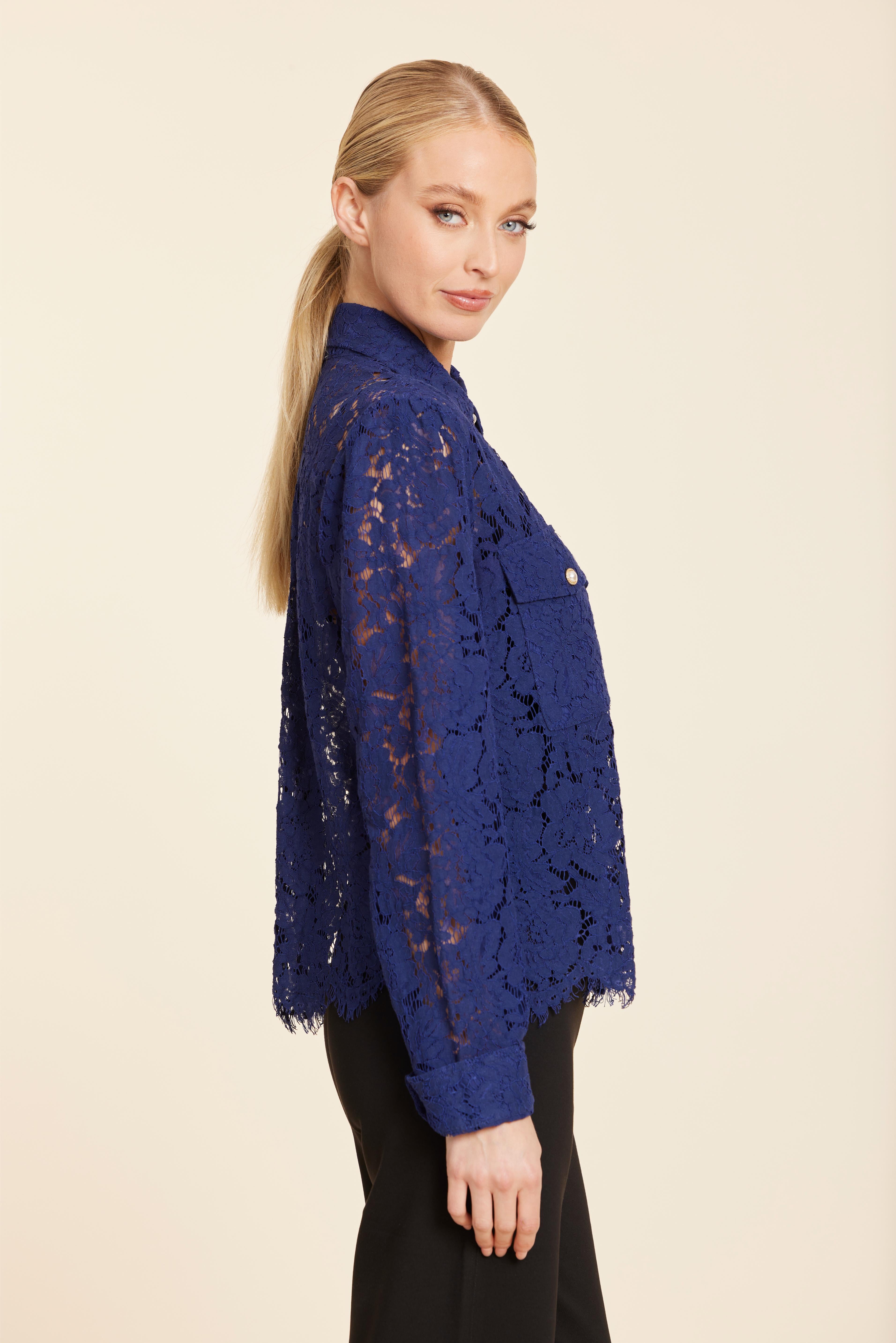 Floral Lace Pearl Button Longsleeve Blouse