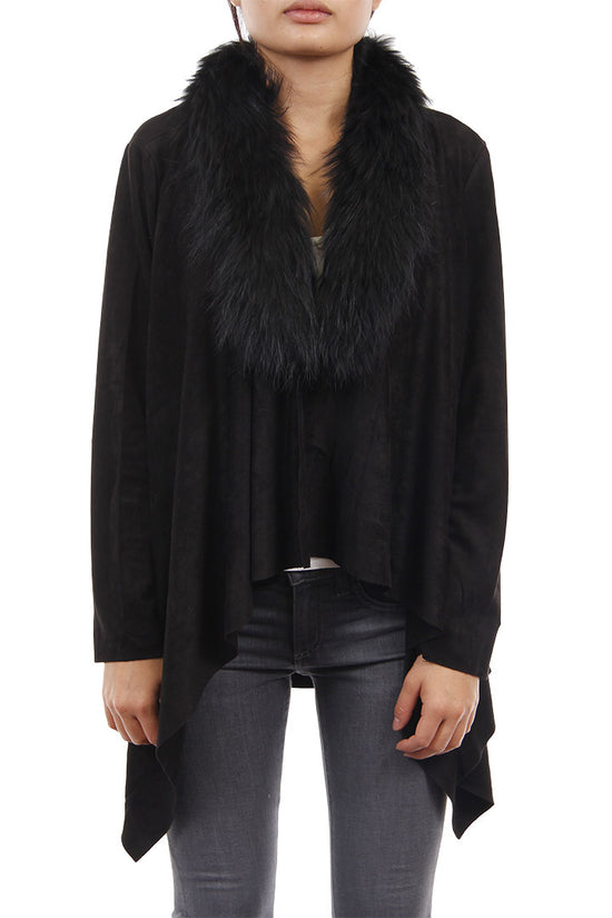 Load image into Gallery viewer, Raccoon Fur Cardigan, Faux Suede, Black, Dolce Cabo
