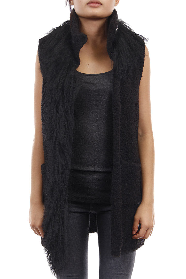 Knitted Mongolian Fur Vest Black, Dolce Cabo