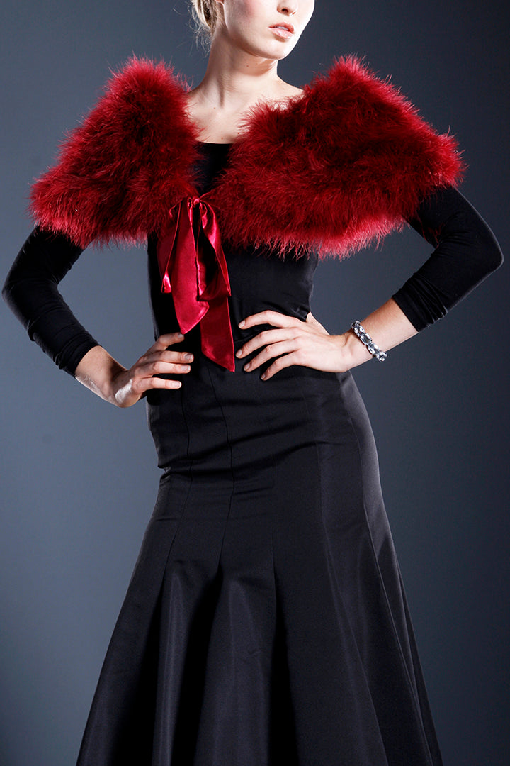 Feathered Wrap Scarf with satin bow tie, Wine, Dolce Cabo