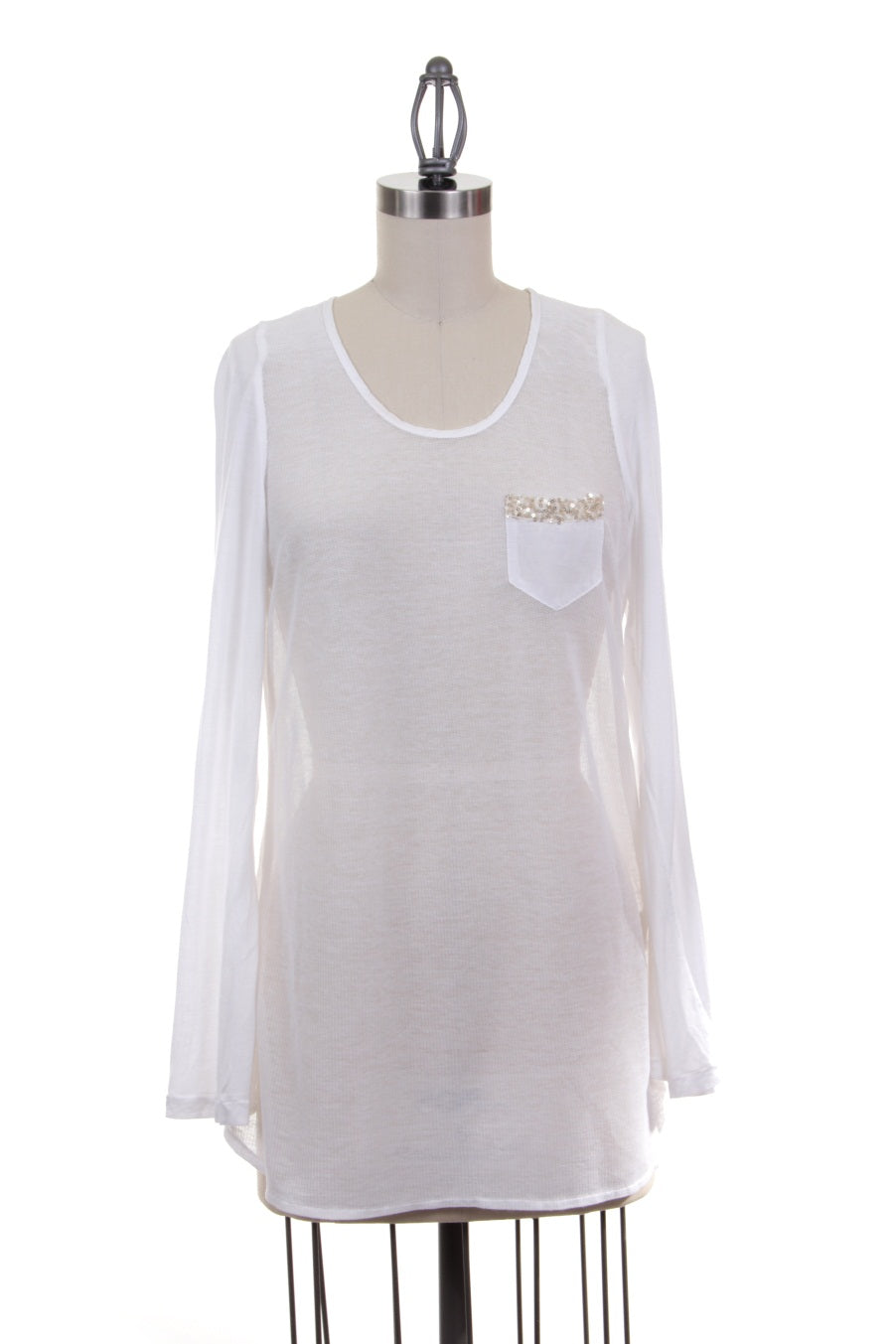 Sheer Silk Blouse with Rhinestone Pocket Detail