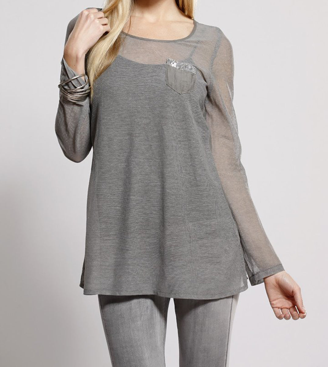 Sheer Silk Blouse with Rhinestone Pocket Detail