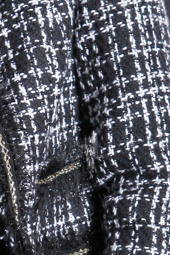 Crop Tweed Fringe Jacket, Black/White Multi, Dolce Cabo