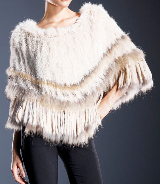 Two-Tone Fur Poncho with Fringe Detail