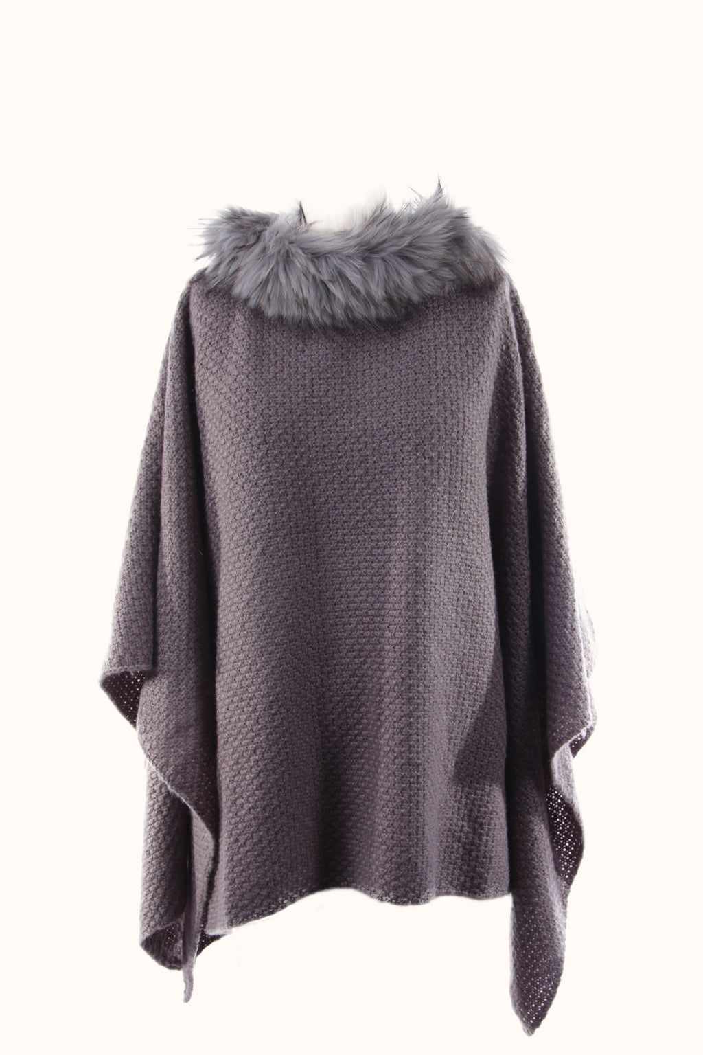 Fur Trim Knit Poncho, Grey, Dolce Cabo