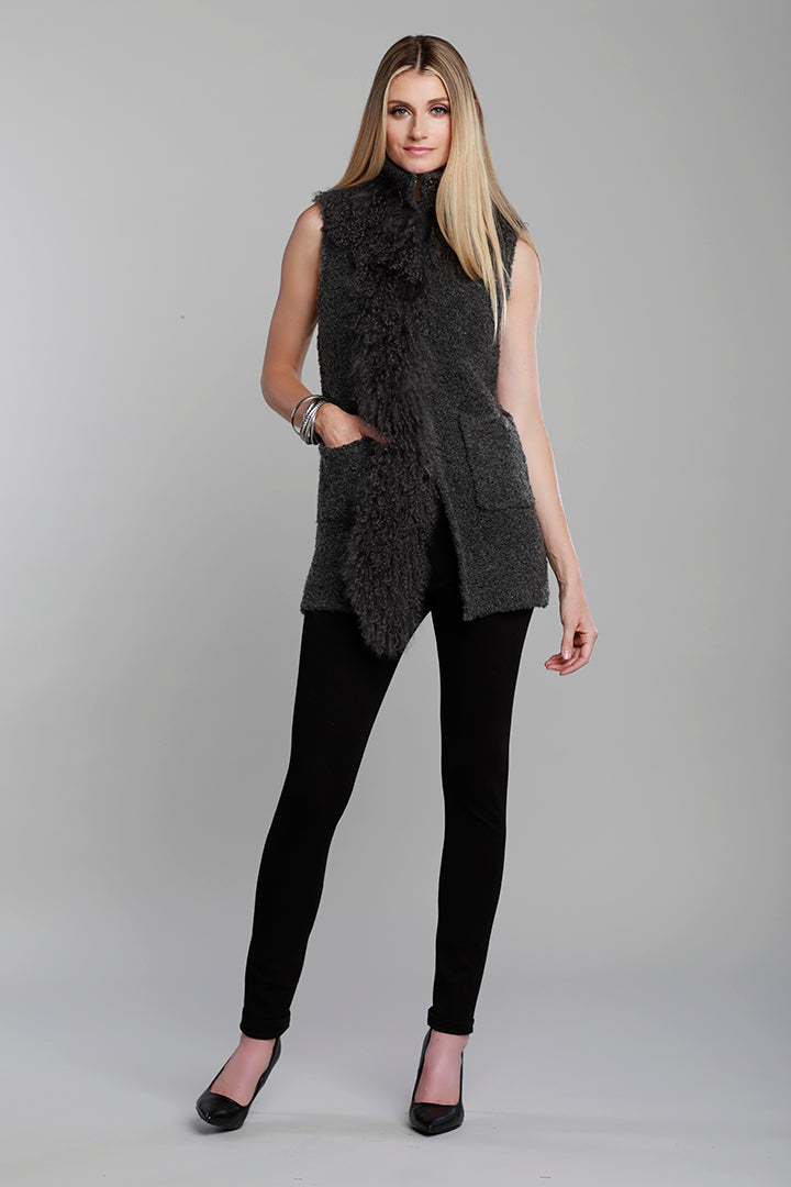 Knitted Mongolian Fur Vest, Grey, Real Fur, Dolce Cabo