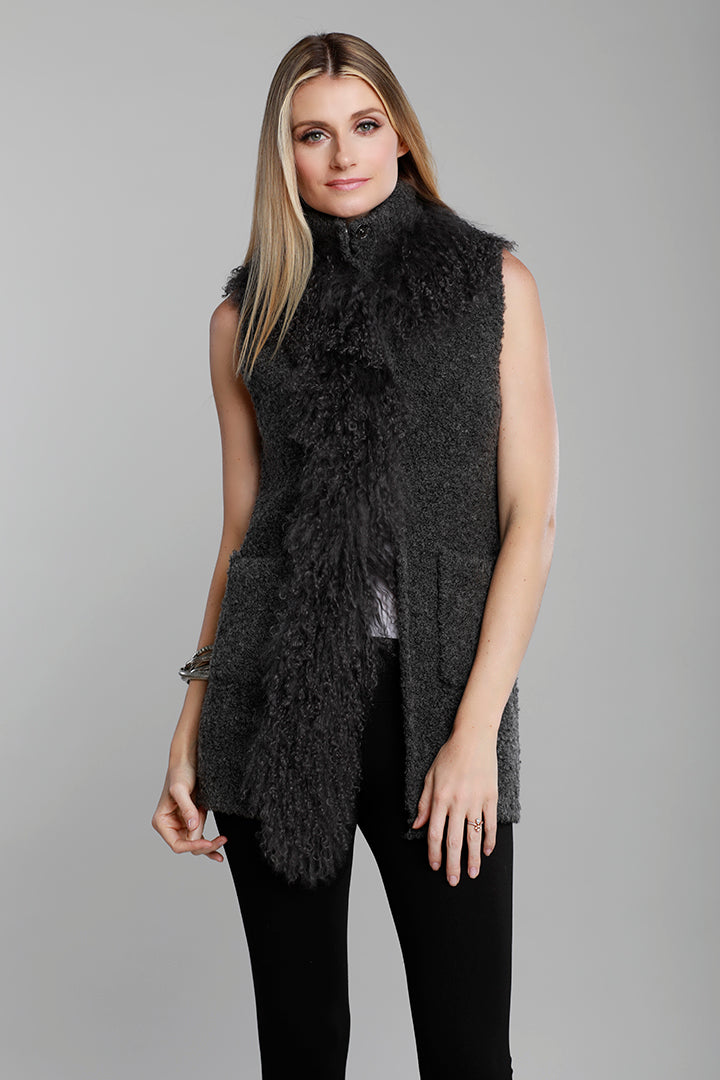 Knitted Mongolian Fur Vest, Grey, Real Fur, Dolce Cabo