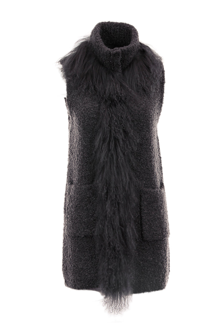 Knitted Mongolian Fur Vest, Grey, Real Fur, Dolce Cabo