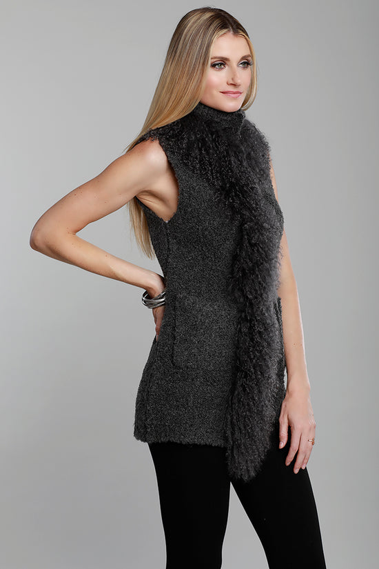 Knitted Mongolian Fur Vest, Grey, Real Fur, Dolce Cabo