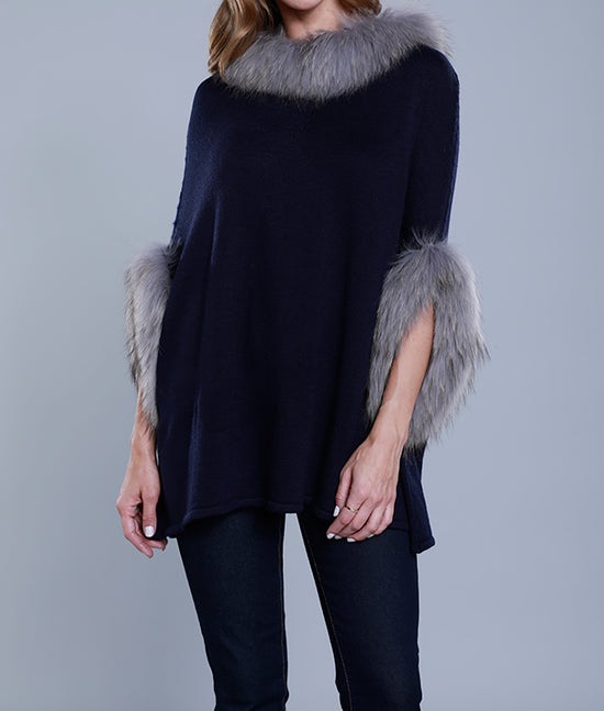Load image into Gallery viewer, Knit Poncho with Fur Trim
