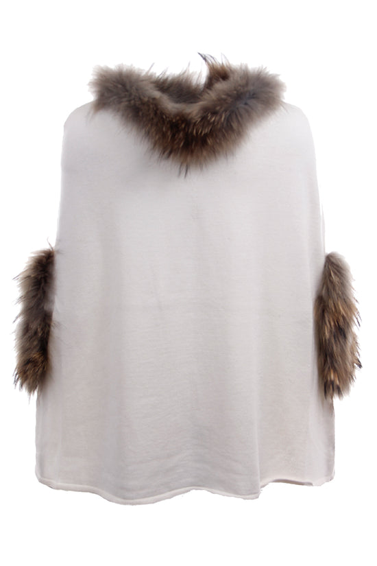 Knit Poncho with Fur Trim, Dolce Cabo, Ivory, Raccoon Fur