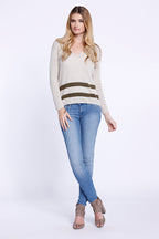Double Stripe V-Neck Long Sleeve, Knit Top, Beige/ Army Green, Dolce Cabo
