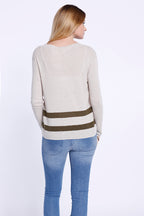 Double Stripe V-Neck Long Sleeve, Knit Top, Beige/ Army Green, Dolce Cabo