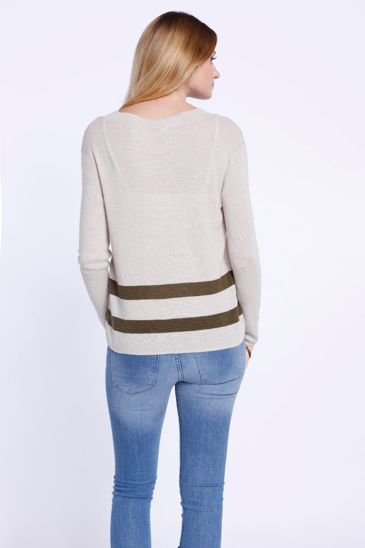 Double Stripe V-Neck Long Sleeve, Knit Top, Beige/ Army Green, Dolce Cabo