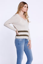 Double Stripe V-Neck Long Sleeve, Knit Top, Beige/ Army Green, Dolce Cabo