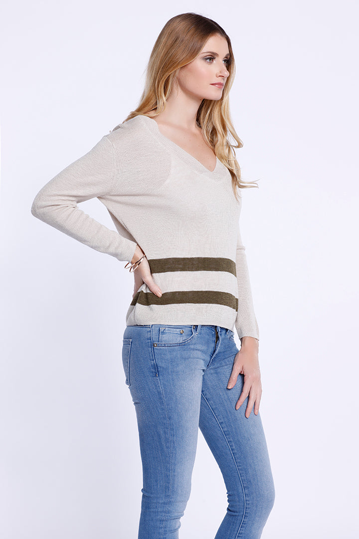 Double Stripe V-Neck Long Sleeve, Knit Top, Beige/ Army Green, Dolce Cabo