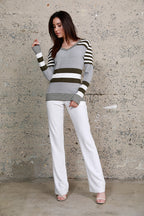 Striped Long Sleeve Knit Top, Grey Olive Multi Grey White, Dolce Cabo