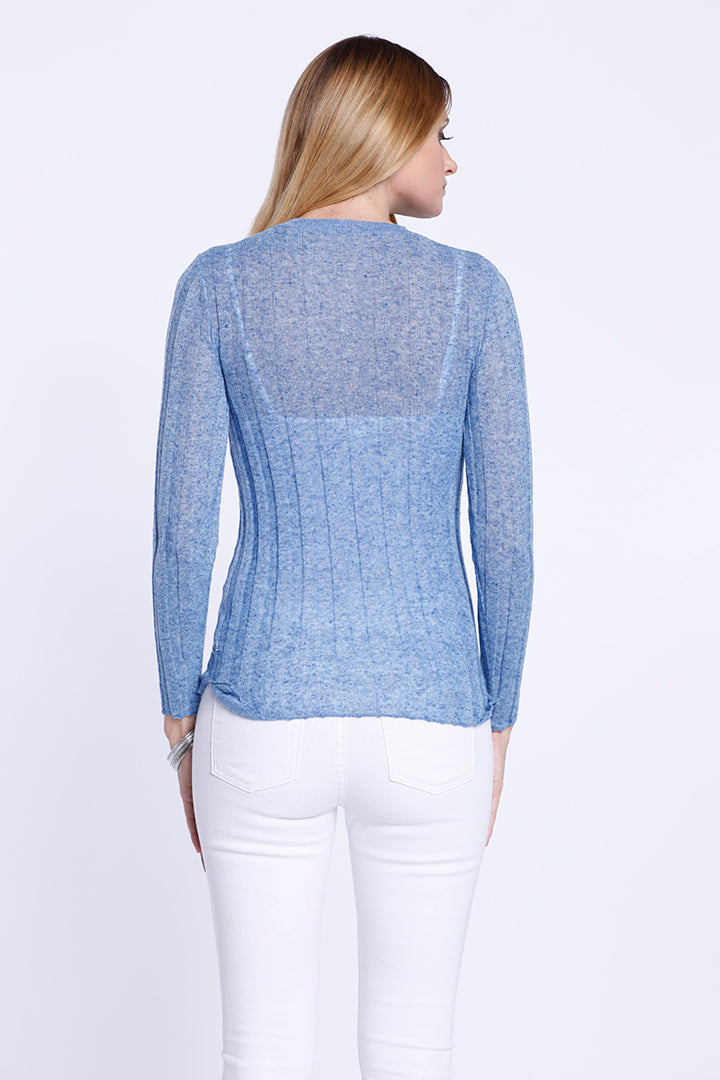 Long Sleeve Crew Neck Top, Knitted, Cool Blue, Dolce Cabo