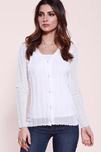Long Sleeve Button Down Cardigan, Knit, Dolce Cabo, White, Ribbed