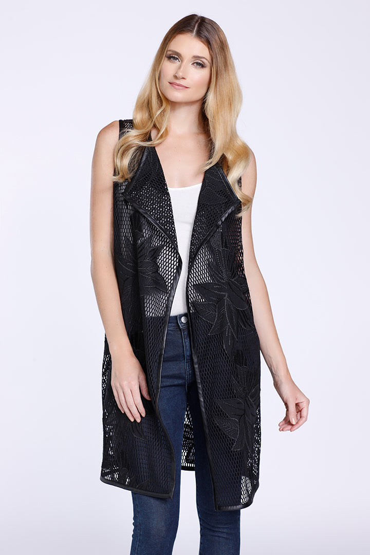 Load image into Gallery viewer, Embroidered Floral Vest, Black, Faux Leather, Dolce Cabo, Duster Vest
