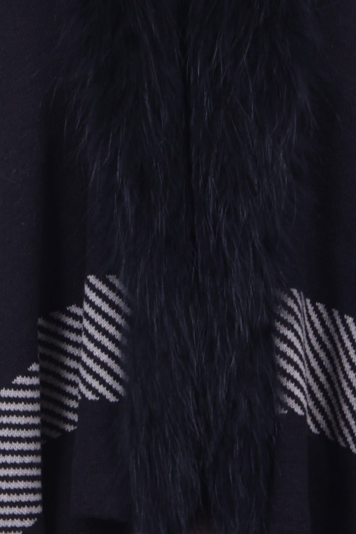 Fur Trim Poncho Black/Grey, Rabbit Fur, Knit Wrap, Dolce Cabo
