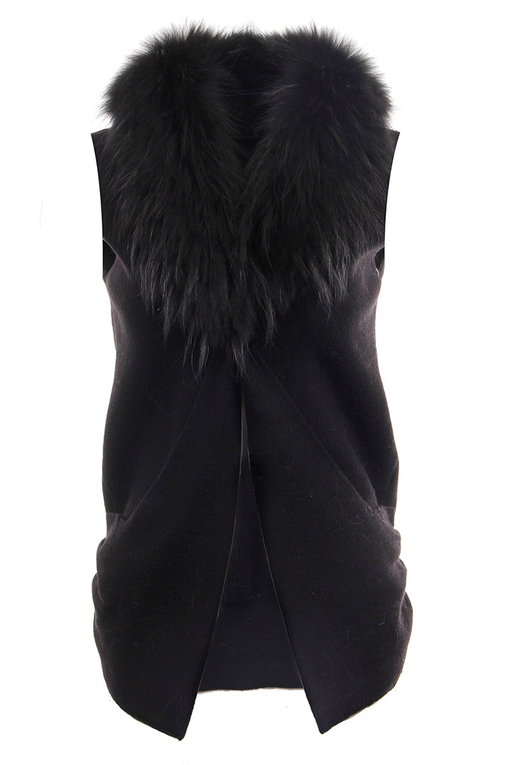 Raccoon Collar Knit Vest, Black, Dolce Cabo