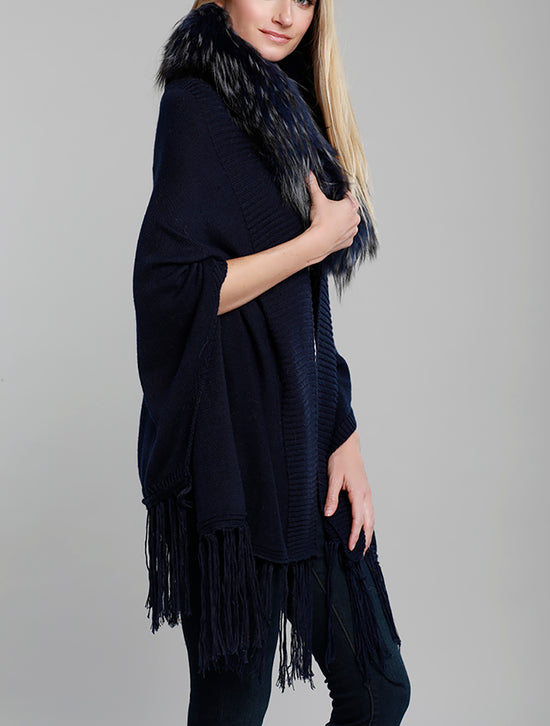 Fringed Wool Blend Cardigan with Fur Collar