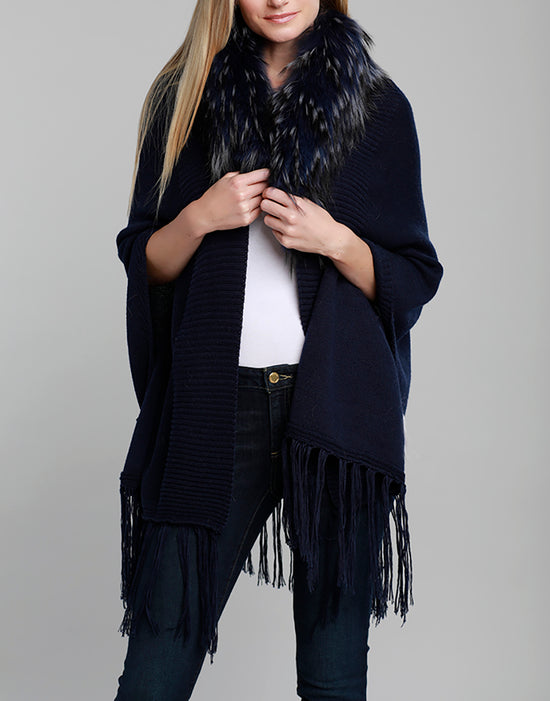 Fringed Wool Blend Cardigan with Fur Collar
