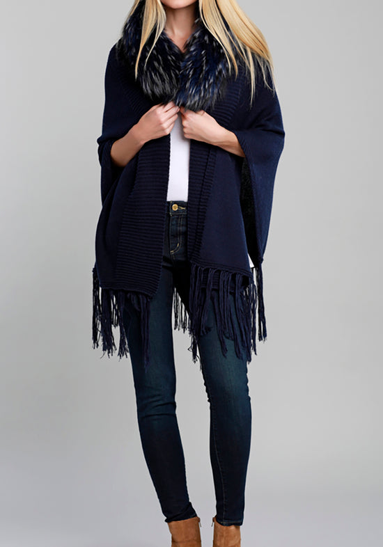 Load image into Gallery viewer, Wool Blend Fringe Wrap with Raccoon Fur
