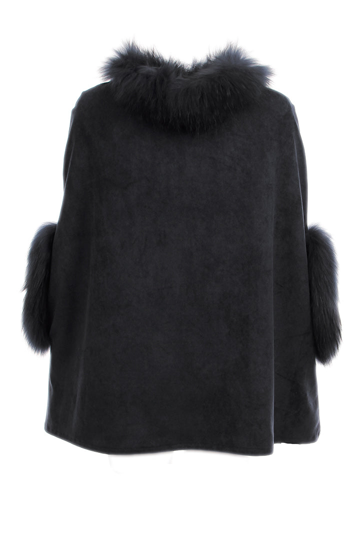 Faux Suede Poncho + Fur, Raccoon Fur, Black, Dolce Cabo