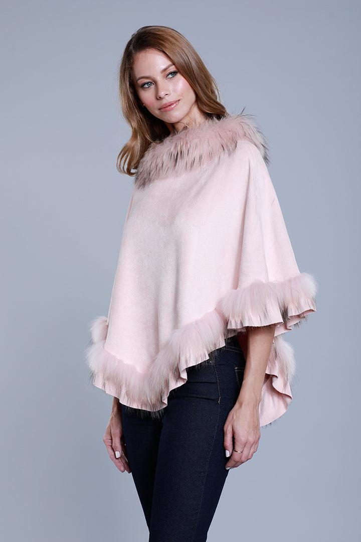 Faux Suede Poncho with Raccoon Fur Collar – Dolce Cabo Faux Suede Poncho with Raccoon Fur Collar – Dolce Cabo