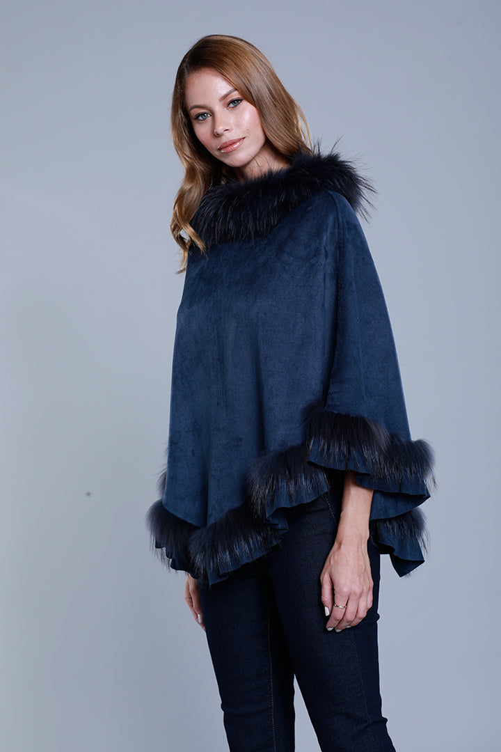 Faux Suede Fur Poncho, Raccoon Fur, Blue, Dolce Cabo