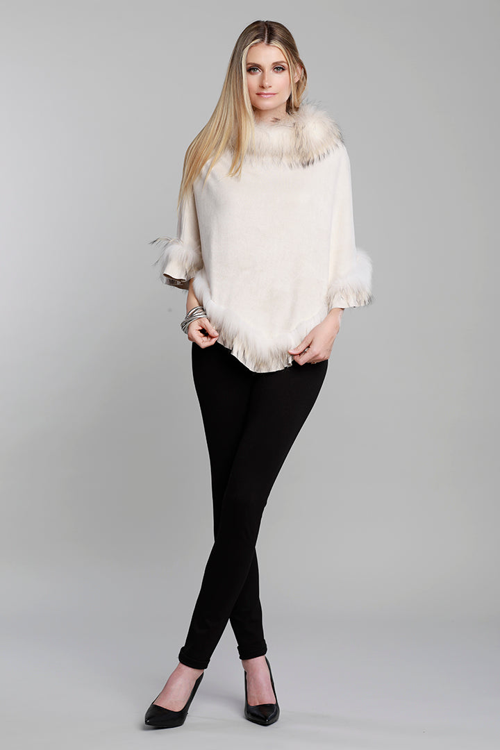 Faux Suede Fur Poncho Ruffles, Raccoon Fur, Beige, Dolce Cabo
