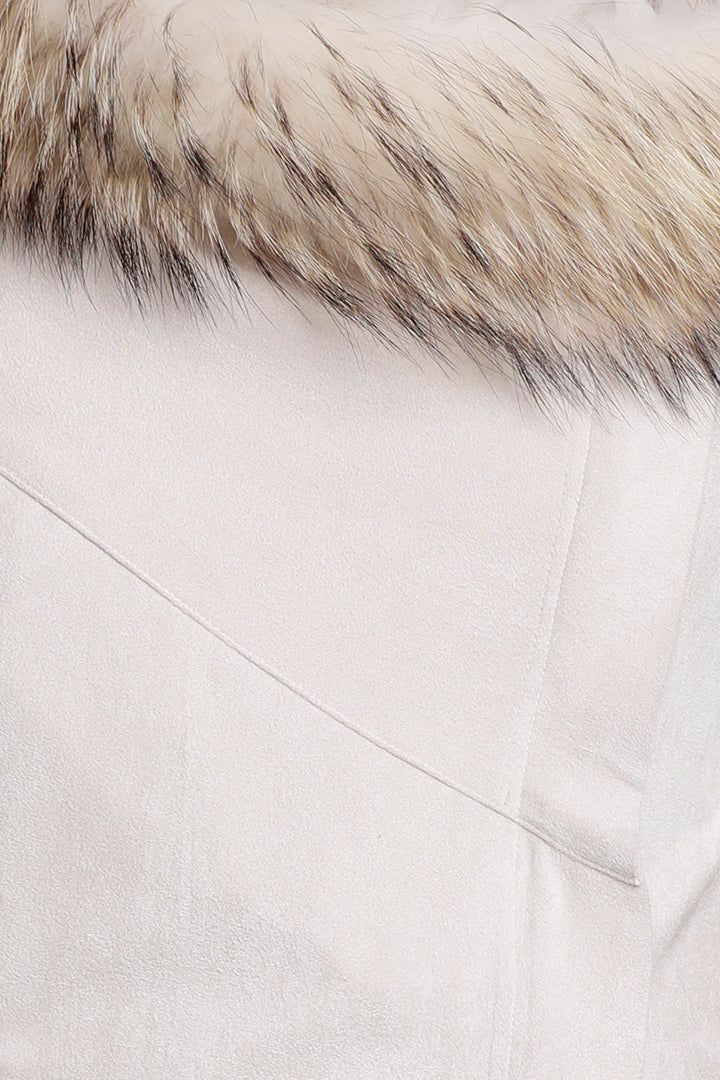 Moto Jacket w/ Fur, Faux Suede, Beige, Raccoon Fur, Dolce Cabo