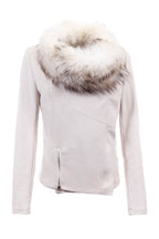 Moto Jacket w/ Fur, Raccoon Fur, Faux Vegan Suede, Beige, Dolce Cabo