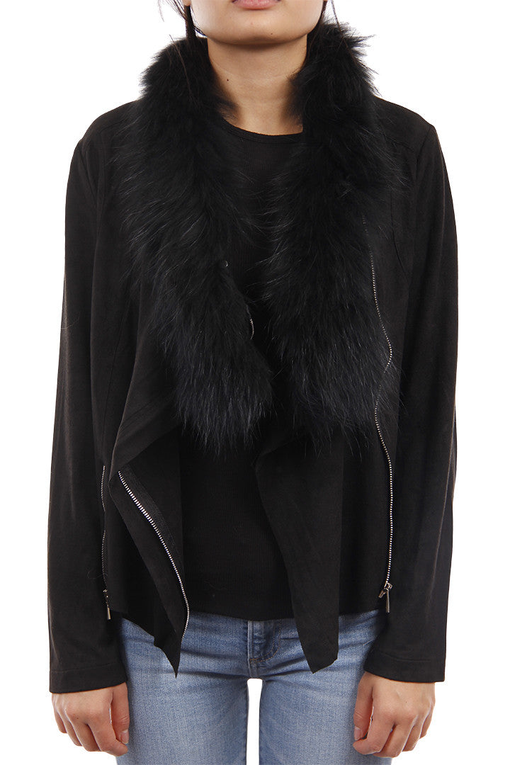 Moto Jacket w/ Fur, Faux Suede, Black, Raccoon Fur, Dolce Cabo