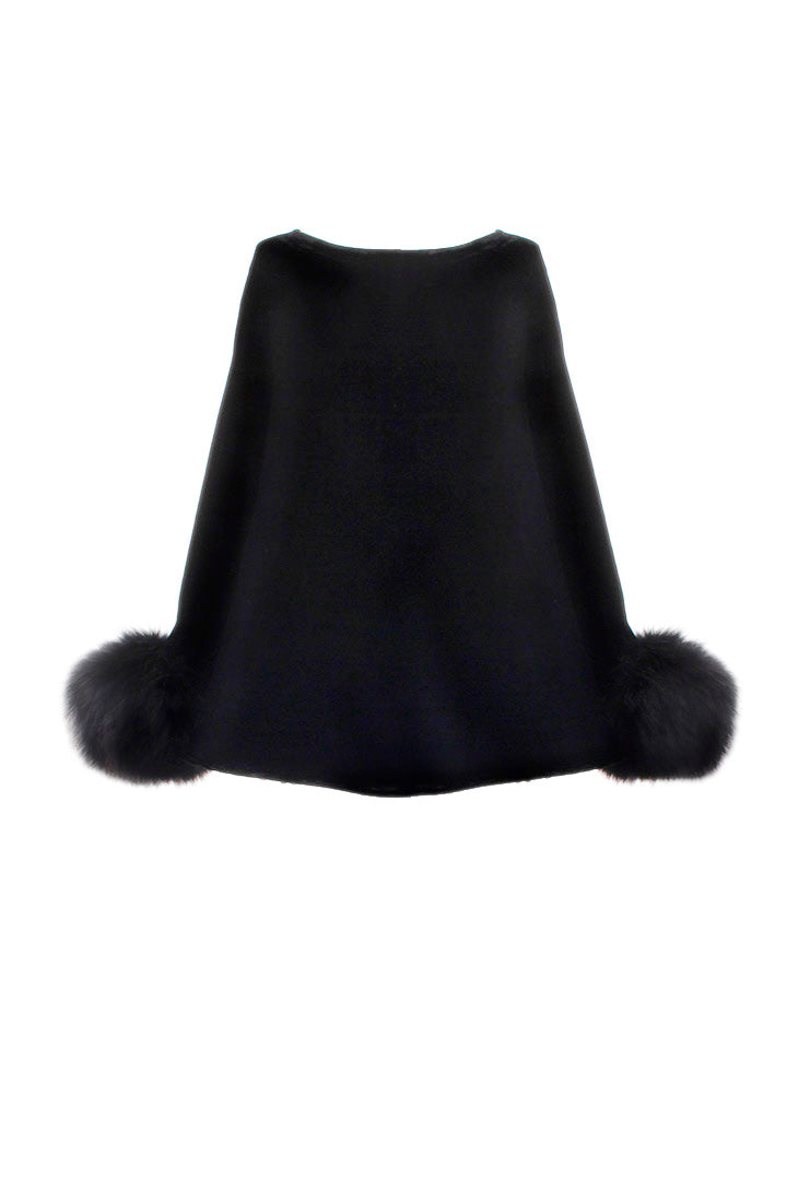 Raccoon Cuff Silk Velvet Poncho, Black, Dolce Cabo
