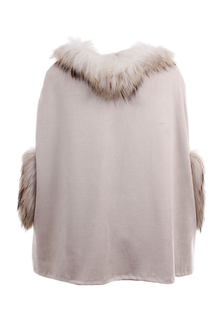 Faux Suede Fur Hoodie Poncho, Beige, Dolce Cabo