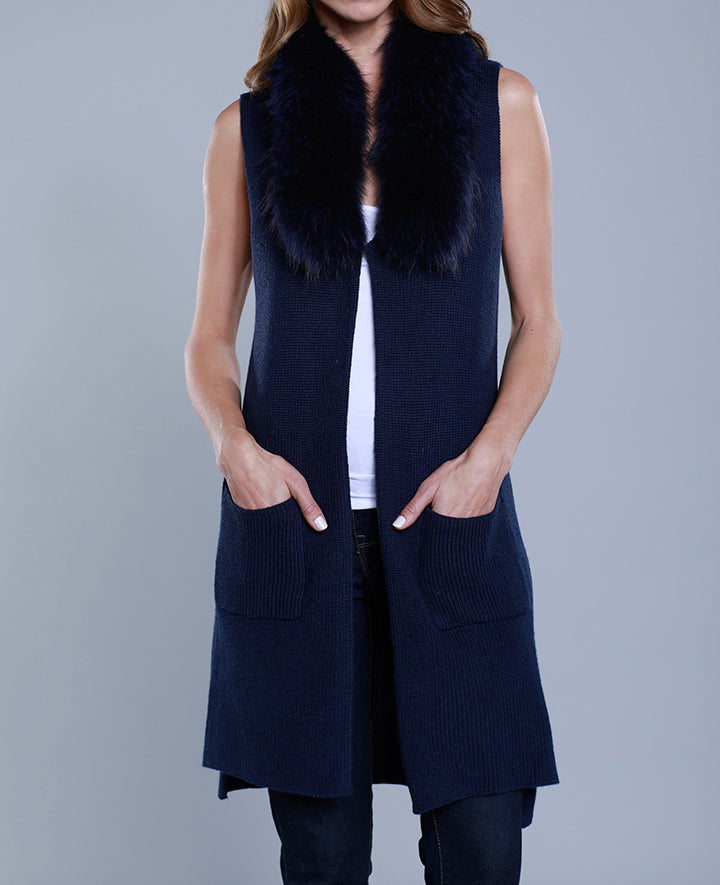 Knitted Vest with Detachable Fur Collar Navy / S