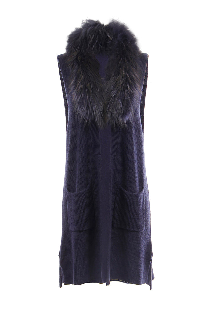 Knitted Vest + Detachable Fur, Raccoon Fur, Navy, Dolce Cabo