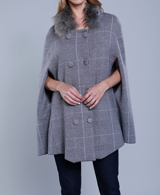 Wool Poncho with Fur Collar