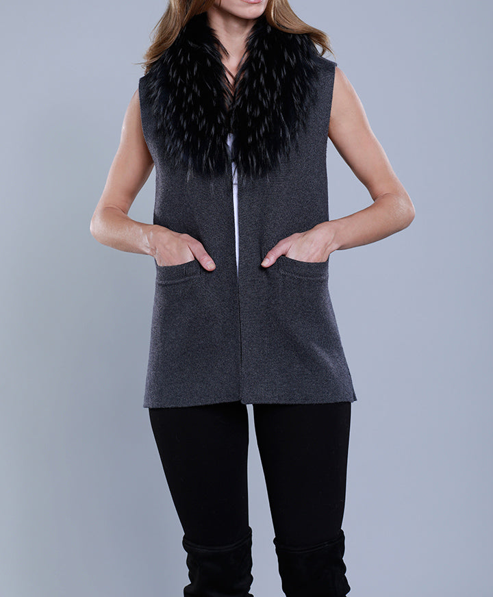 Knitted Vest with Raccoon Fur Collar