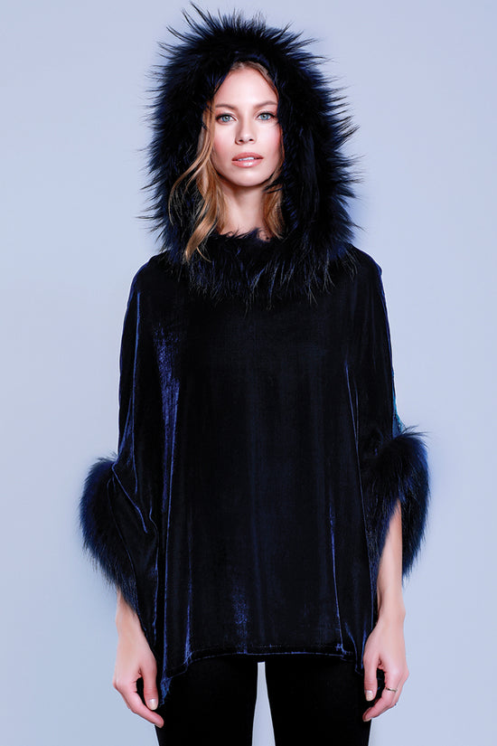 Velvet Hoodie Poncho + Fur, Blue, Dolce Cabo