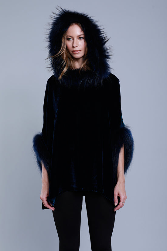 Velvet Hoodie Poncho + Fur, Blue, Dolce Cabo